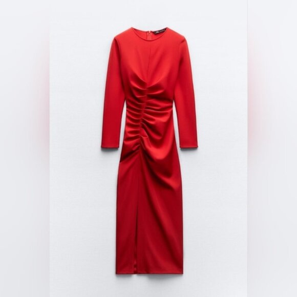 Zara XS Red Midi Dress, Round Neck, Long sleeve, Slit ans Drape in Front, Zip-up - Picture 1 of 16
